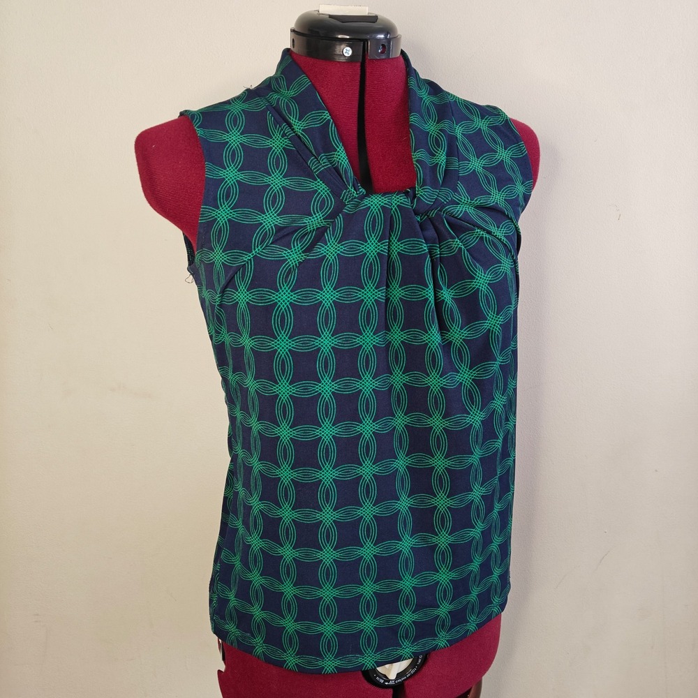 Banana Republic Womens Blouses Sleeveless Navy Green Geometric Circle Twist Neck